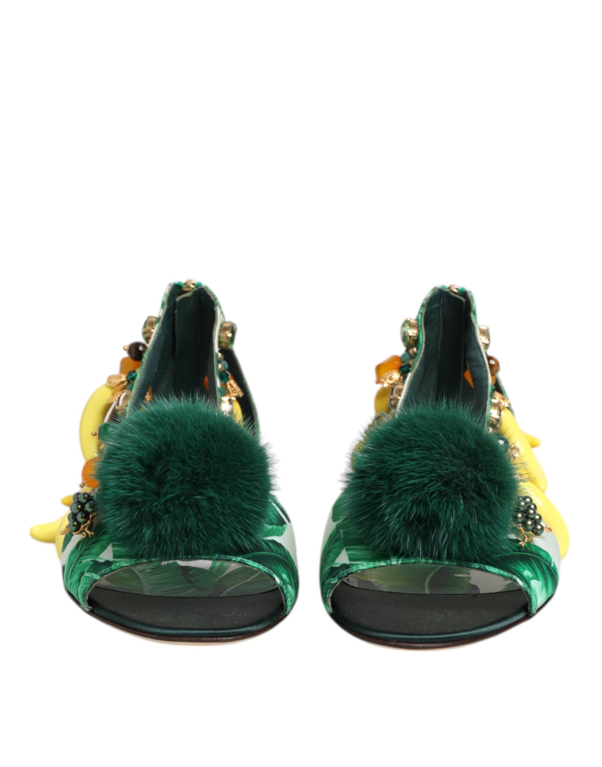 Dolce & Gabbana Green Mink Fur Satin Banana Leaf Sandals Shoes Dolce & Gabbana