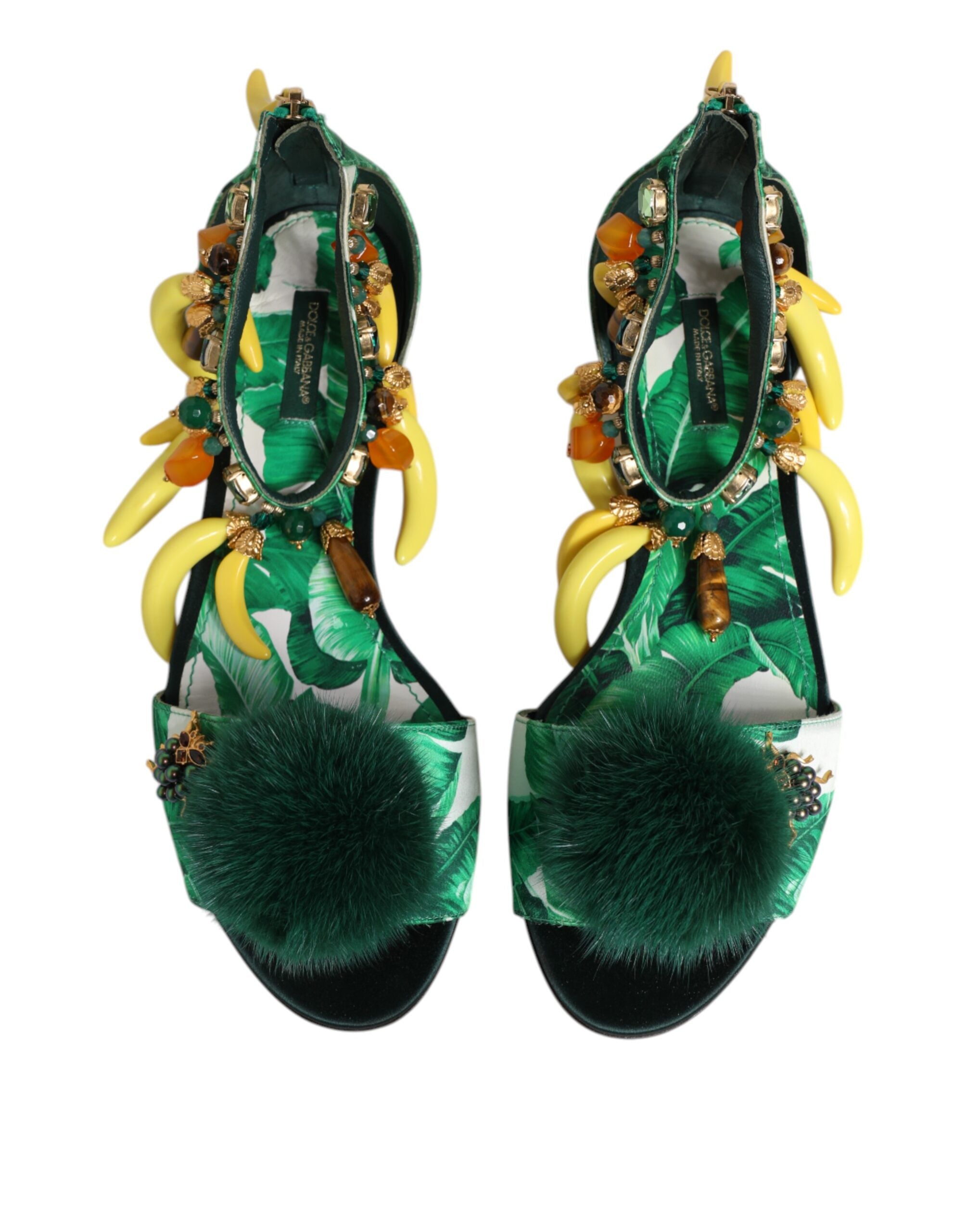 Dolce & Gabbana Green Mink Fur Satin Banana Leaf Sandals Shoes Dolce & Gabbana
