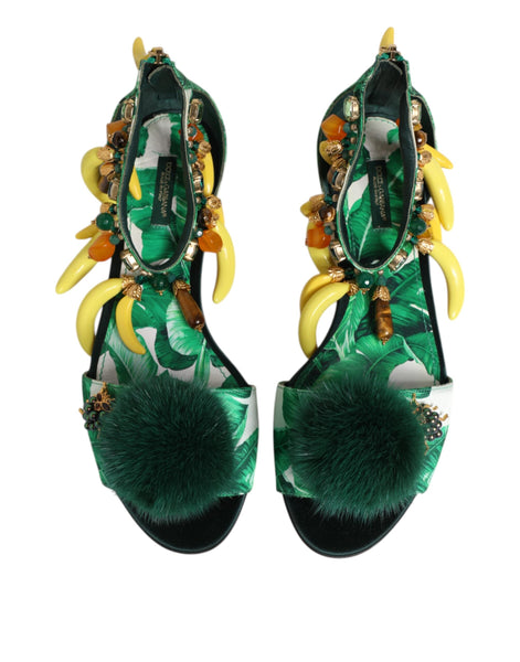 Dolce & Gabbana Green Mink Fur Satin Banana Leaf Sandals Shoes Dolce & Gabbana