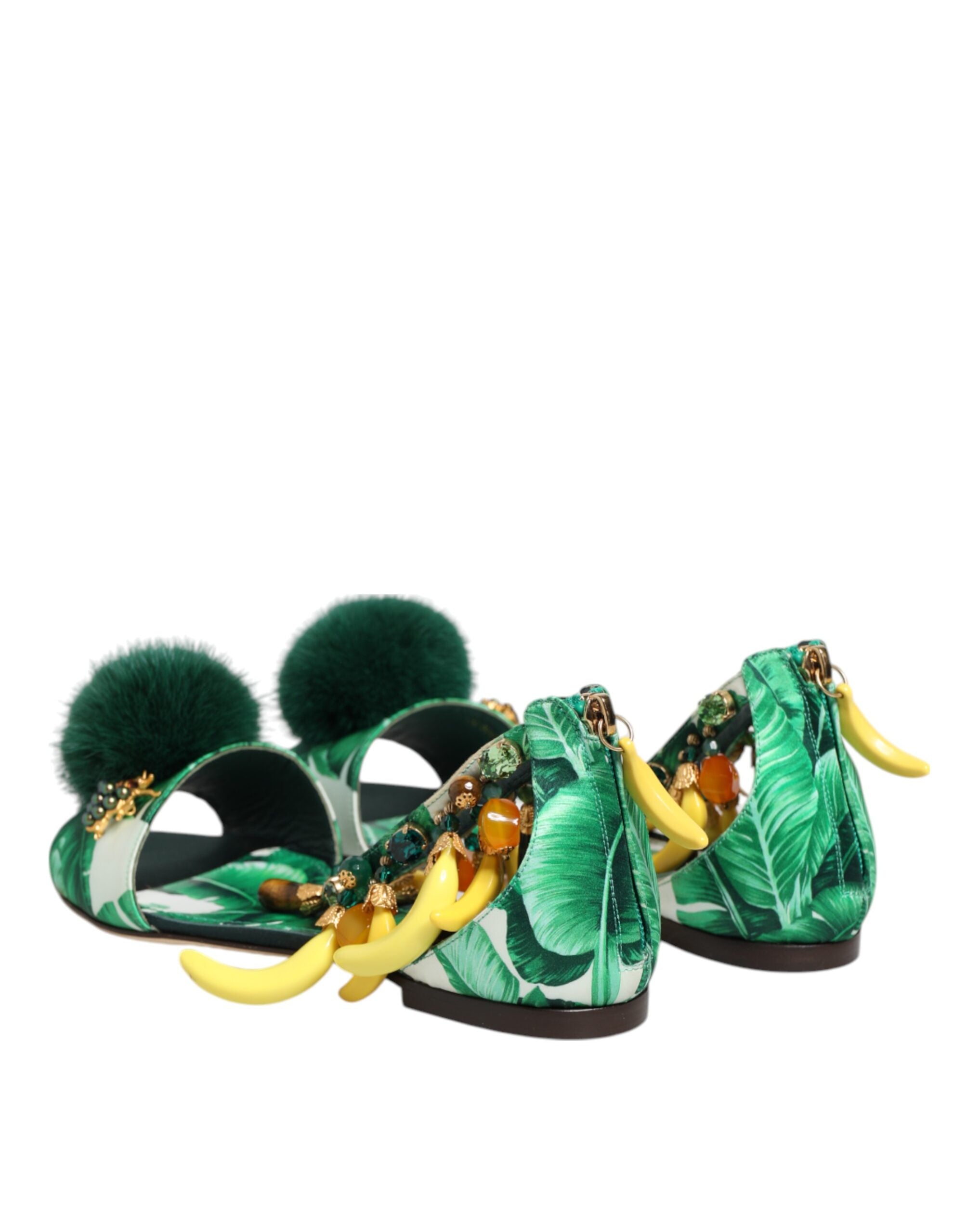 Dolce & Gabbana Green Mink Fur Satin Banana Leaf Sandals Shoes Dolce & Gabbana