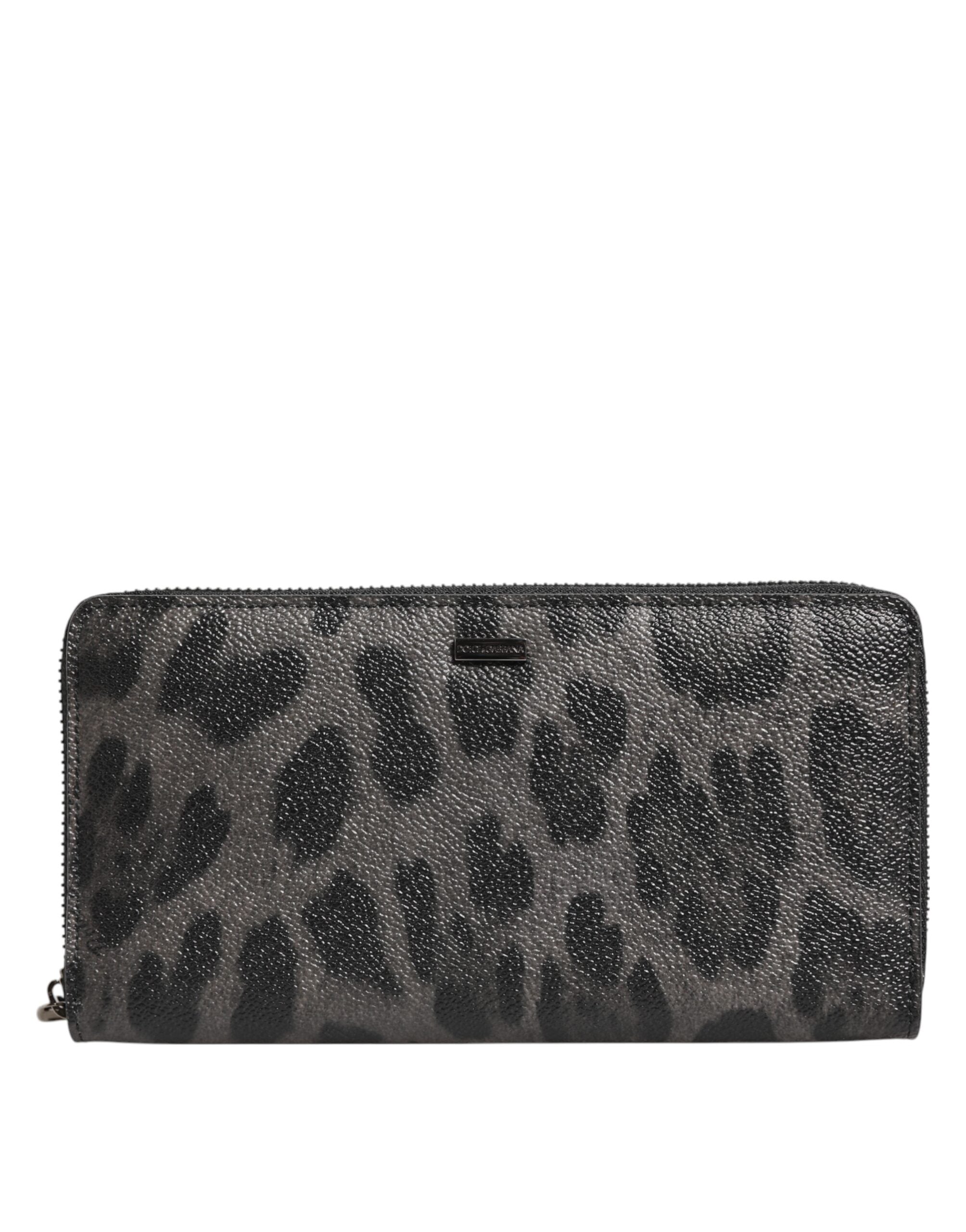 Dolce & Gabbana Black Gray Leopard Leather Zip Around Continental Wallet Dolce & Gabbana