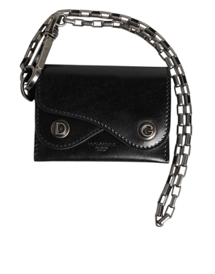 Dolce & Gabbana Black Cavallo Leather Wallet Chain Snap Bifold Card Holder Dolce & Gabbana
