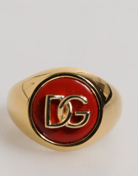 Dolce & Gabbana Gold Tone Real Brass Round Red DG Logo Men Ring Dolce & Gabbana