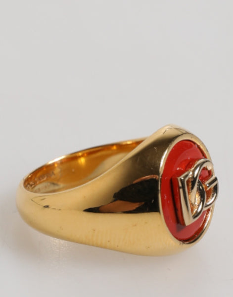 Dolce & Gabbana Gold Tone Real Brass Round Red DG Logo Men Ring Dolce & Gabbana