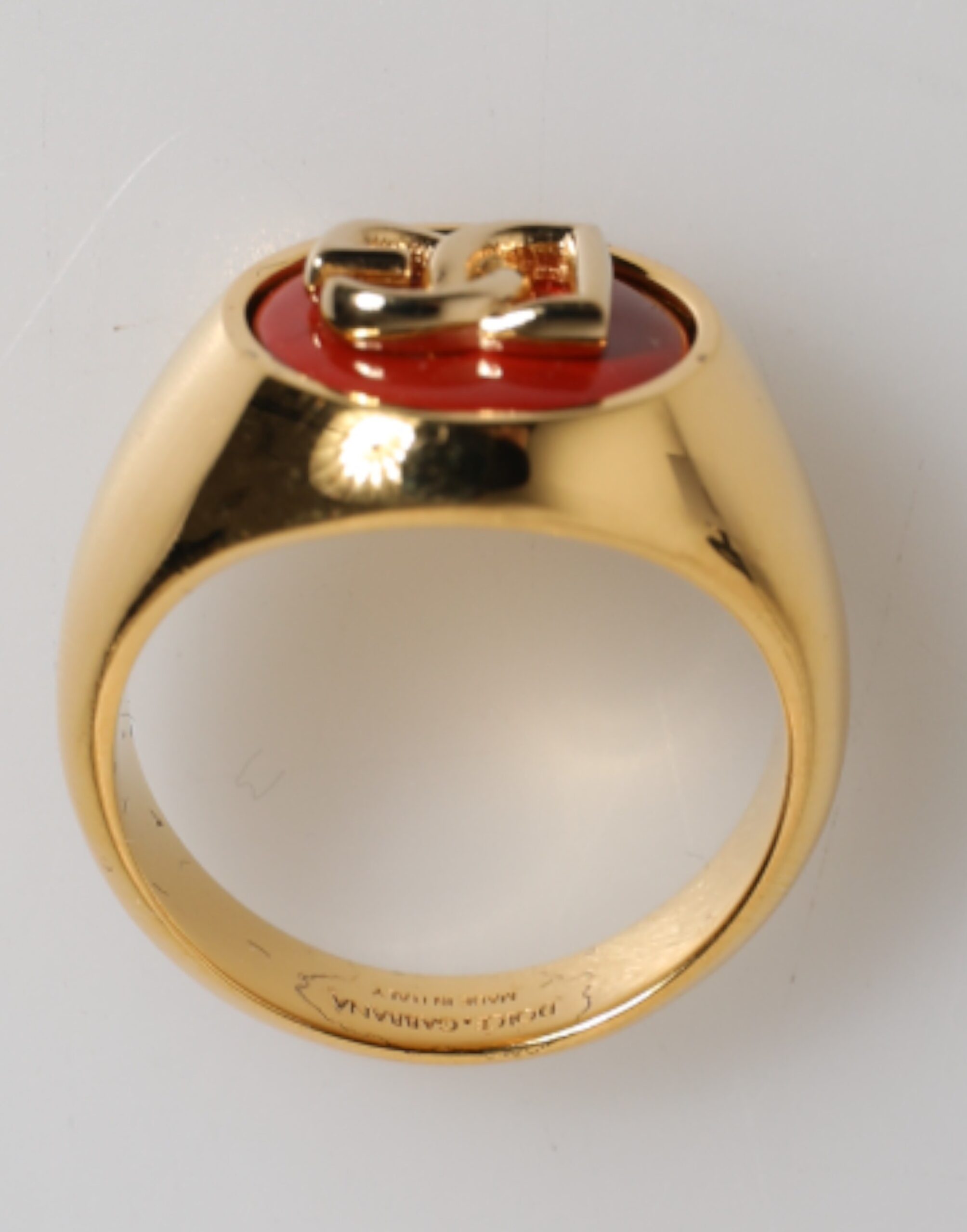 Dolce & Gabbana Gold Tone Real Brass Round Red DG Logo Men Ring Dolce & Gabbana