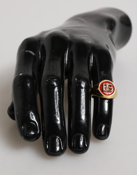 Dolce & Gabbana Gold Tone Real Brass Round Red DG Logo Men Ring Dolce & Gabbana