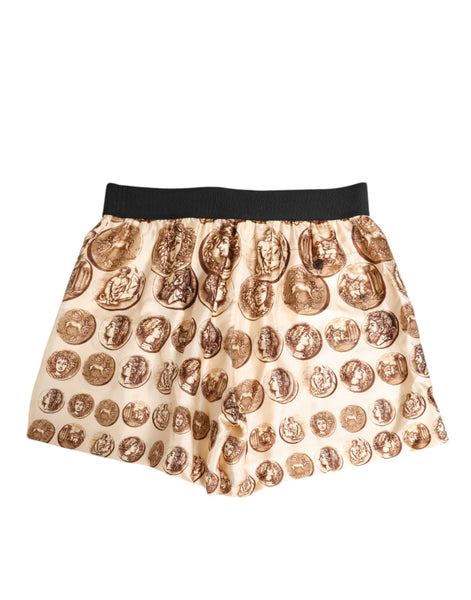 Dolce & Gabbana Brown Ancient Coin Print Silk Shorts Swimwear Dolce & Gabbana