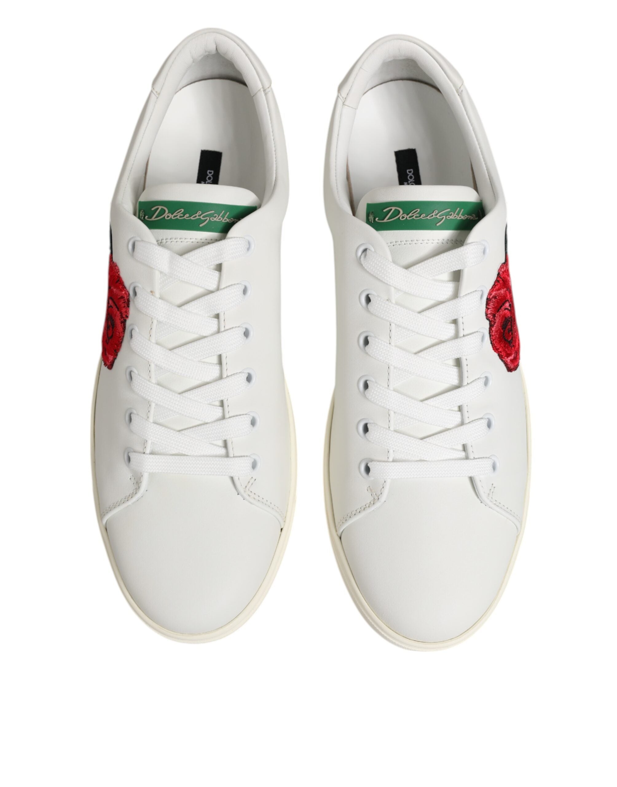 Dolce & Gabbana White Leather Rose Embroidery Low-Top  Shoes Dolce & Gabbana