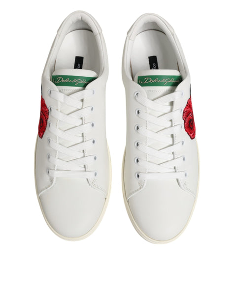 Dolce & Gabbana White Leather Rose Embroidery Low-Top  Shoes Dolce & Gabbana
