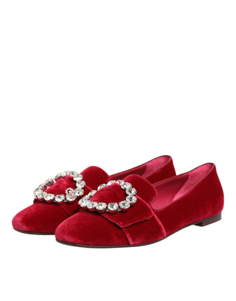 Dolce & Gabbana Red Velvet Crystal Buckle Loafers Flats Shoes Dolce & Gabbana