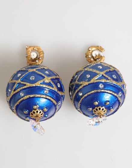 Dolce & Gabbana Gold Brass Blue Christmas Ball Crystal Drop Clip On Earrings Dolce & Gabbana