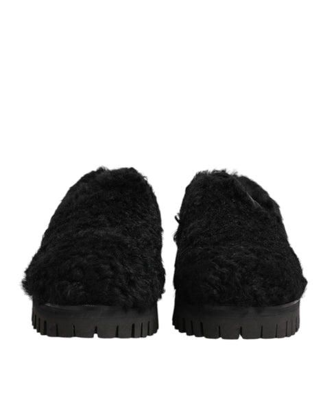 Dolce & Gabbana Dress Black Fur Leather Slippers Men Shoes Dolce & Gabbana