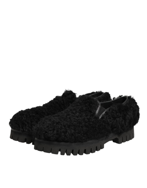 Dolce & Gabbana Dress Black Fur Leather Slippers Men Shoes Dolce & Gabbana