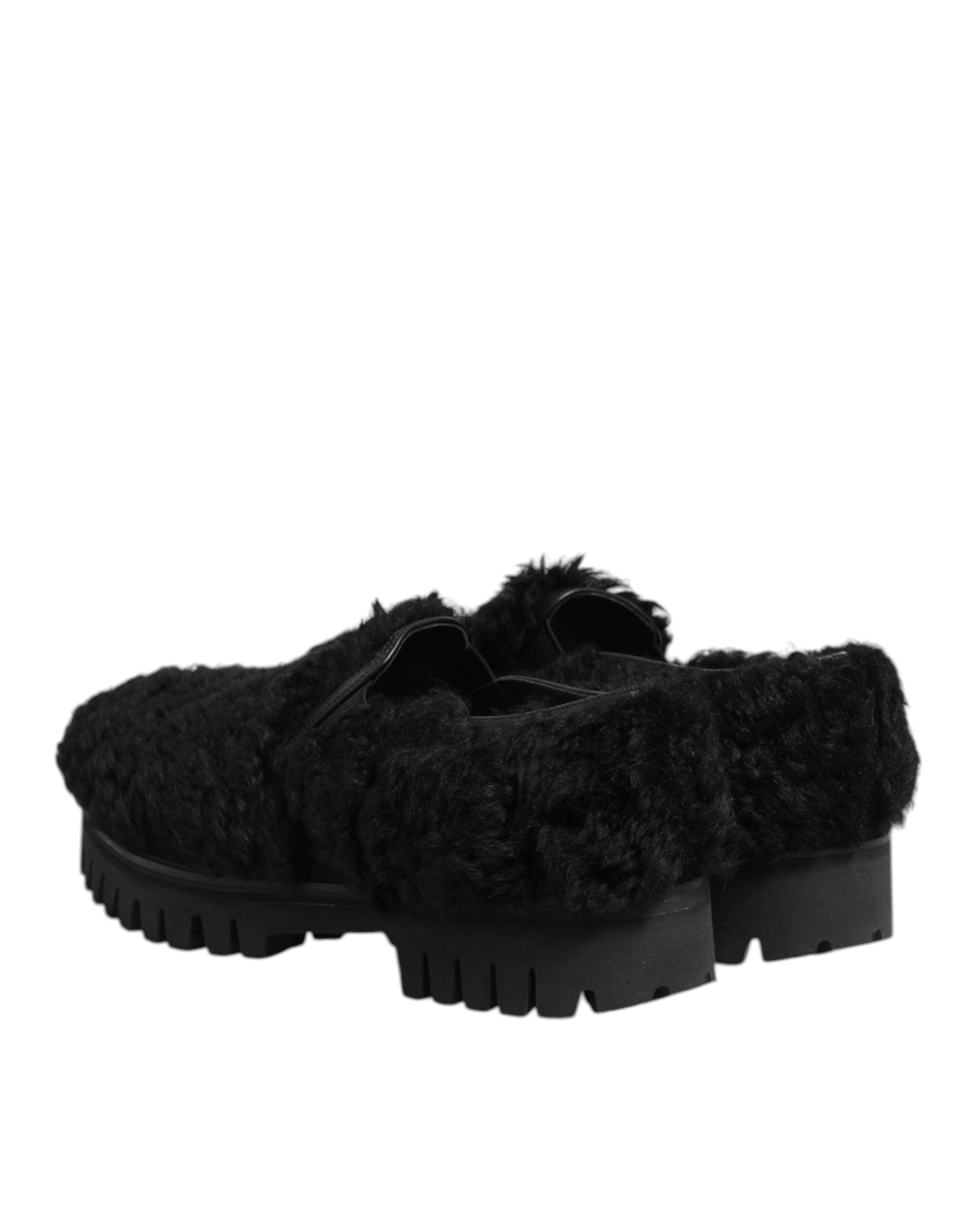 Dolce & Gabbana Dress Black Fur Leather Slippers Men Shoes Dolce & Gabbana