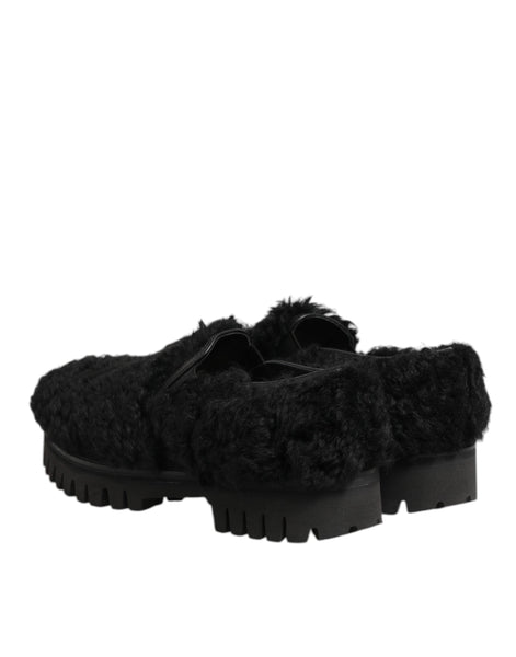 Dolce & Gabbana Dress Black Fur Leather Slippers Men Shoes Dolce & Gabbana