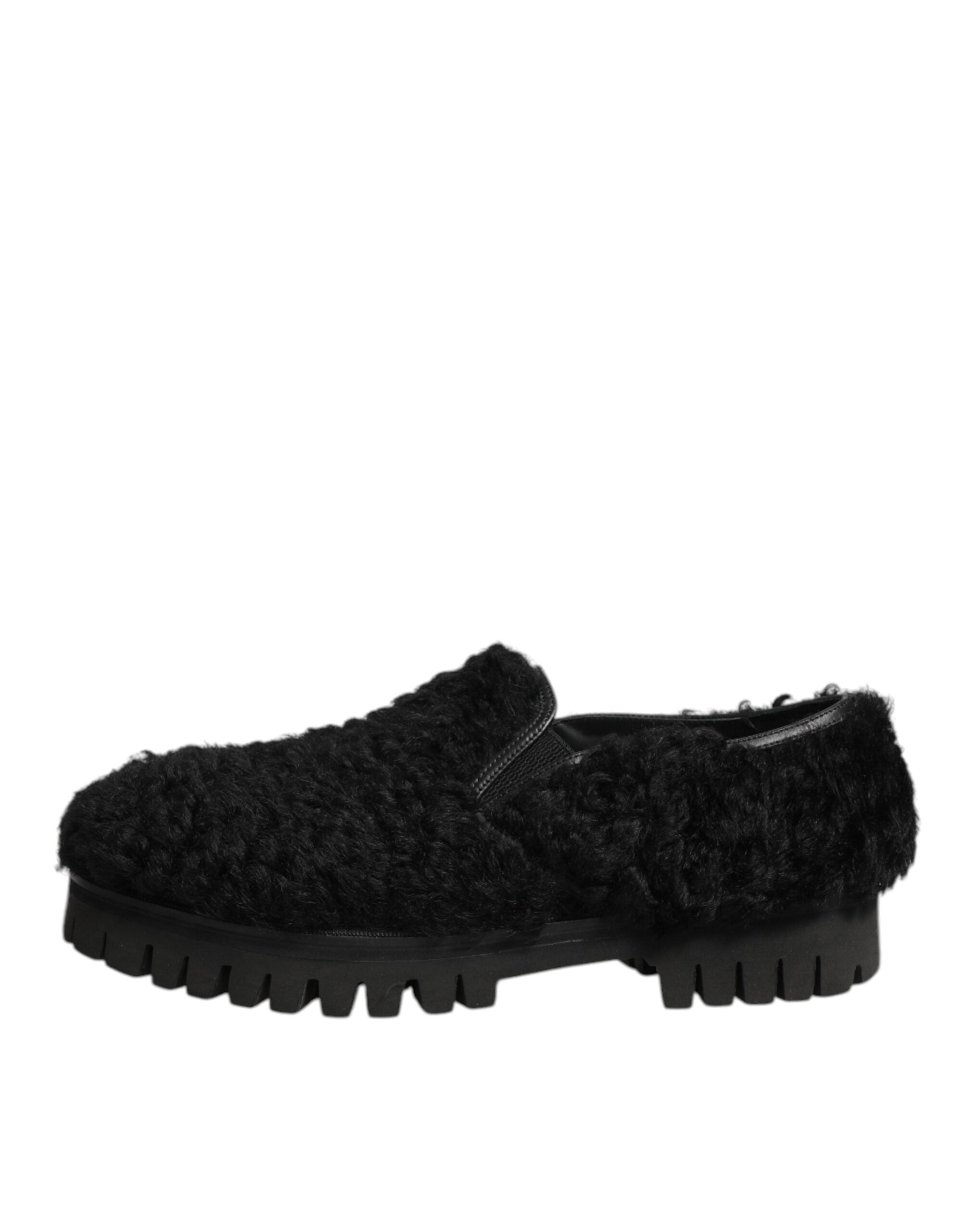 Dolce & Gabbana Dress Black Fur Leather Slippers Men Shoes Dolce & Gabbana