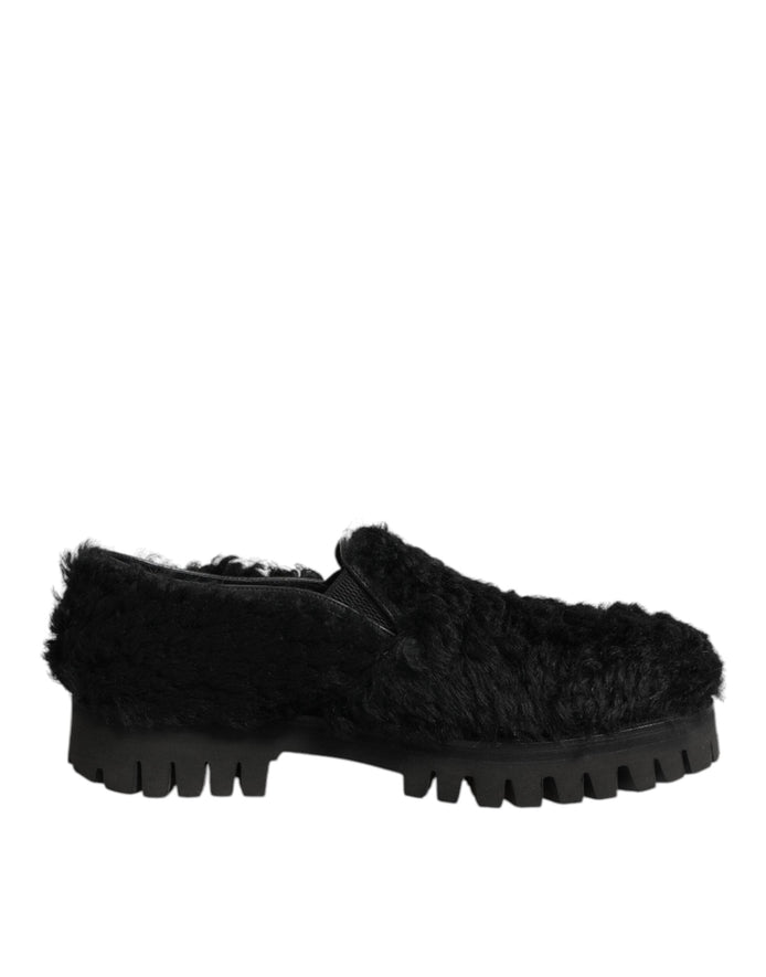 Dolce & Gabbana Dress Black Fur Leather Slippers Men Shoes Dolce & Gabbana