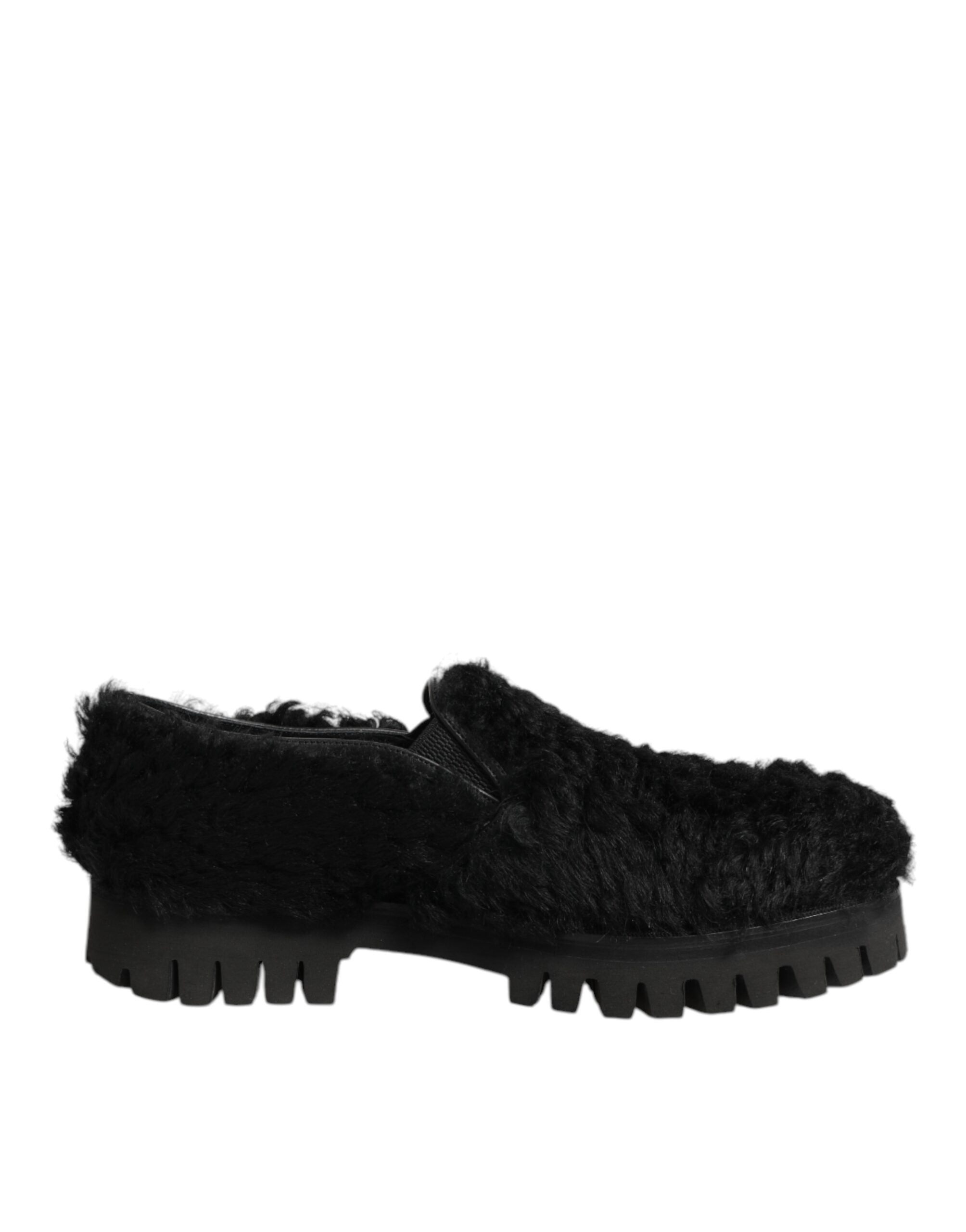 Dolce & Gabbana Dress Black Fur Leather Slippers Men Shoes Dolce & Gabbana