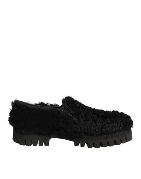 Dolce & Gabbana Dress Black Fur Leather Slippers Men Shoes Dolce & Gabbana
