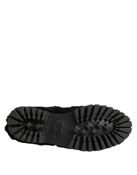 Dolce & Gabbana Dress Black Fur Leather Slippers Men Shoes Dolce & Gabbana