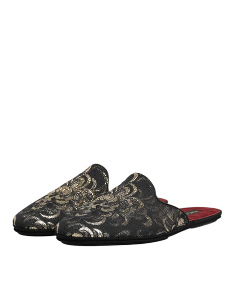 Dolce & Gabbana Black Floral Jacquard Slides Slippers Shoes Dolce & Gabbana