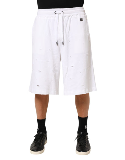 Dolce & Gabbana White Cotton Ripped Bermuda Sweatpants Shorts Dolce & Gabbana
