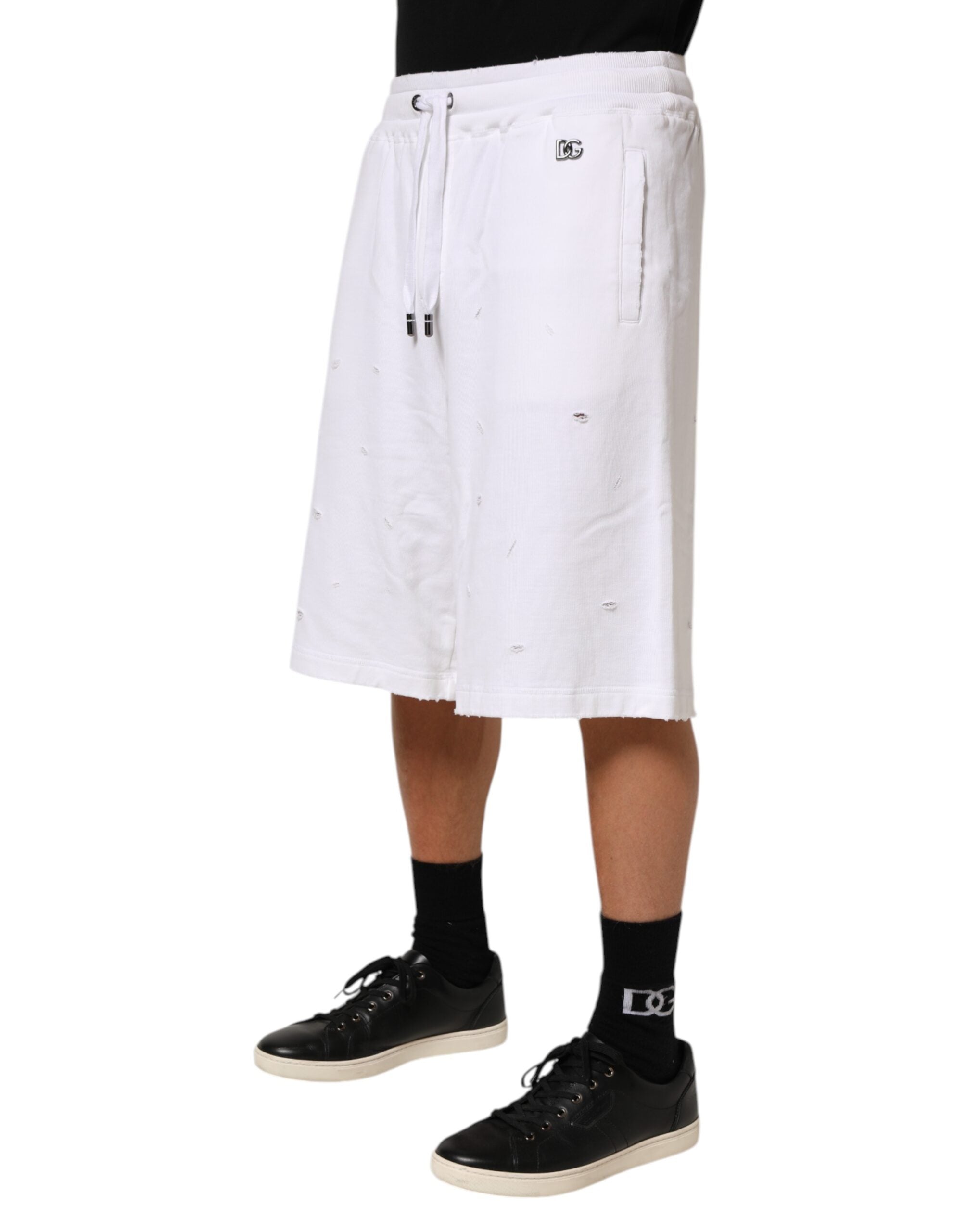 Dolce & Gabbana White Cotton Ripped Bermuda Sweatpants Shorts Dolce & Gabbana
