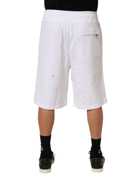Dolce & Gabbana White Cotton Ripped Bermuda Sweatpants Shorts Dolce & Gabbana