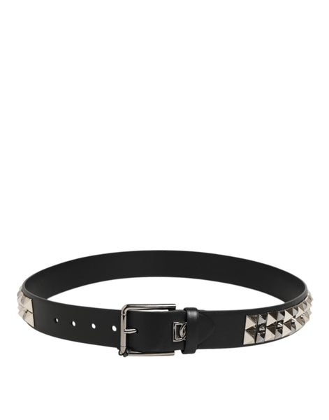 Dolce & Gabbana Black Calf Leather Studded Silver Buckle Belt Dolce & Gabbana