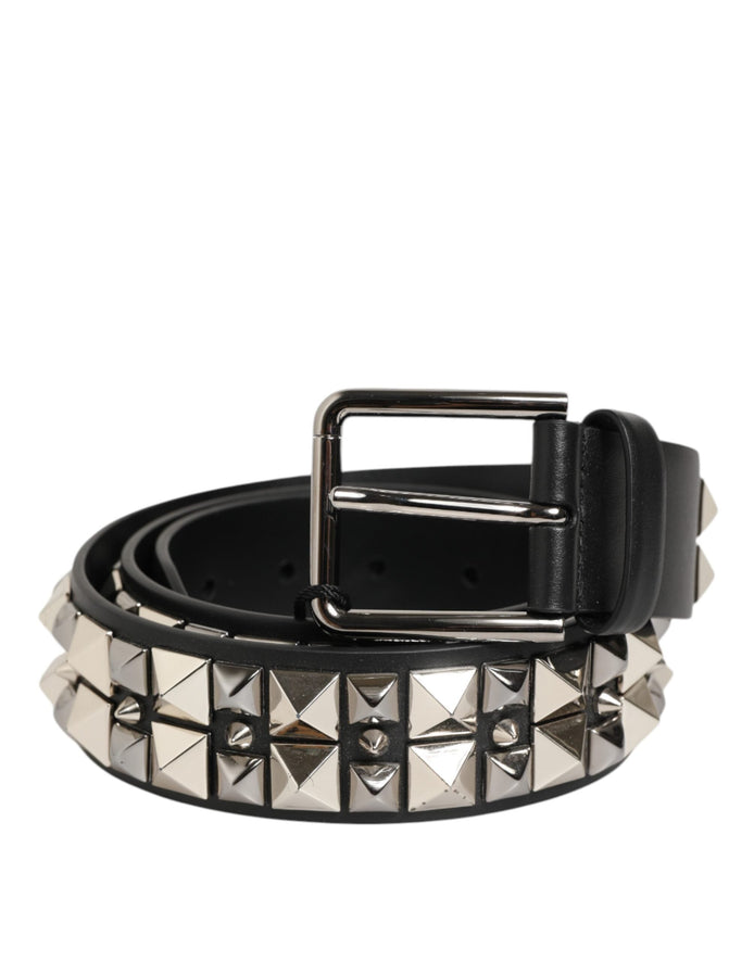 Dolce & Gabbana Black Calf Leather Studded Silver Buckle Belt Dolce & Gabbana