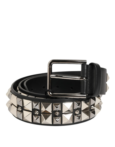 Dolce & Gabbana Black Calf Leather Studded Silver Buckle Belt Dolce & Gabbana