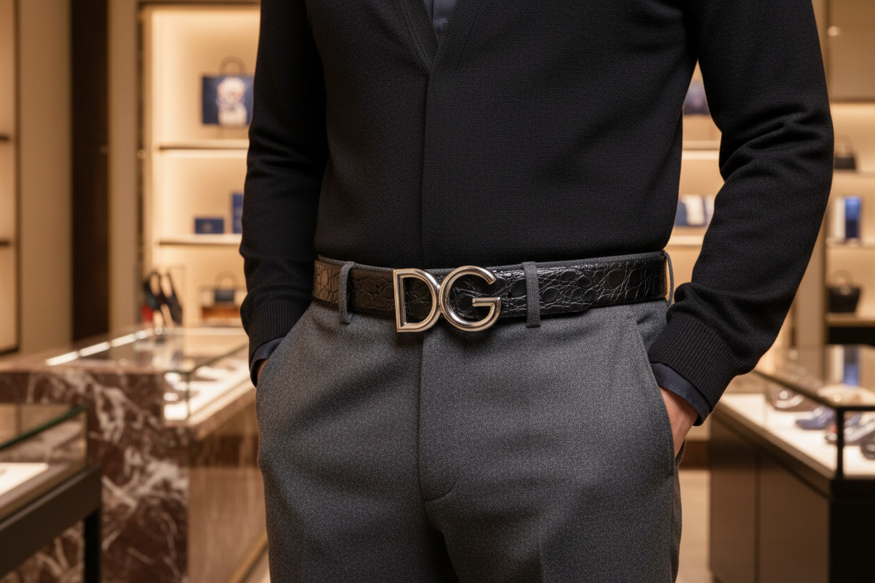 Ceinture Dolce & Gabbana Cuir Caïman Noir Logo DG Homme