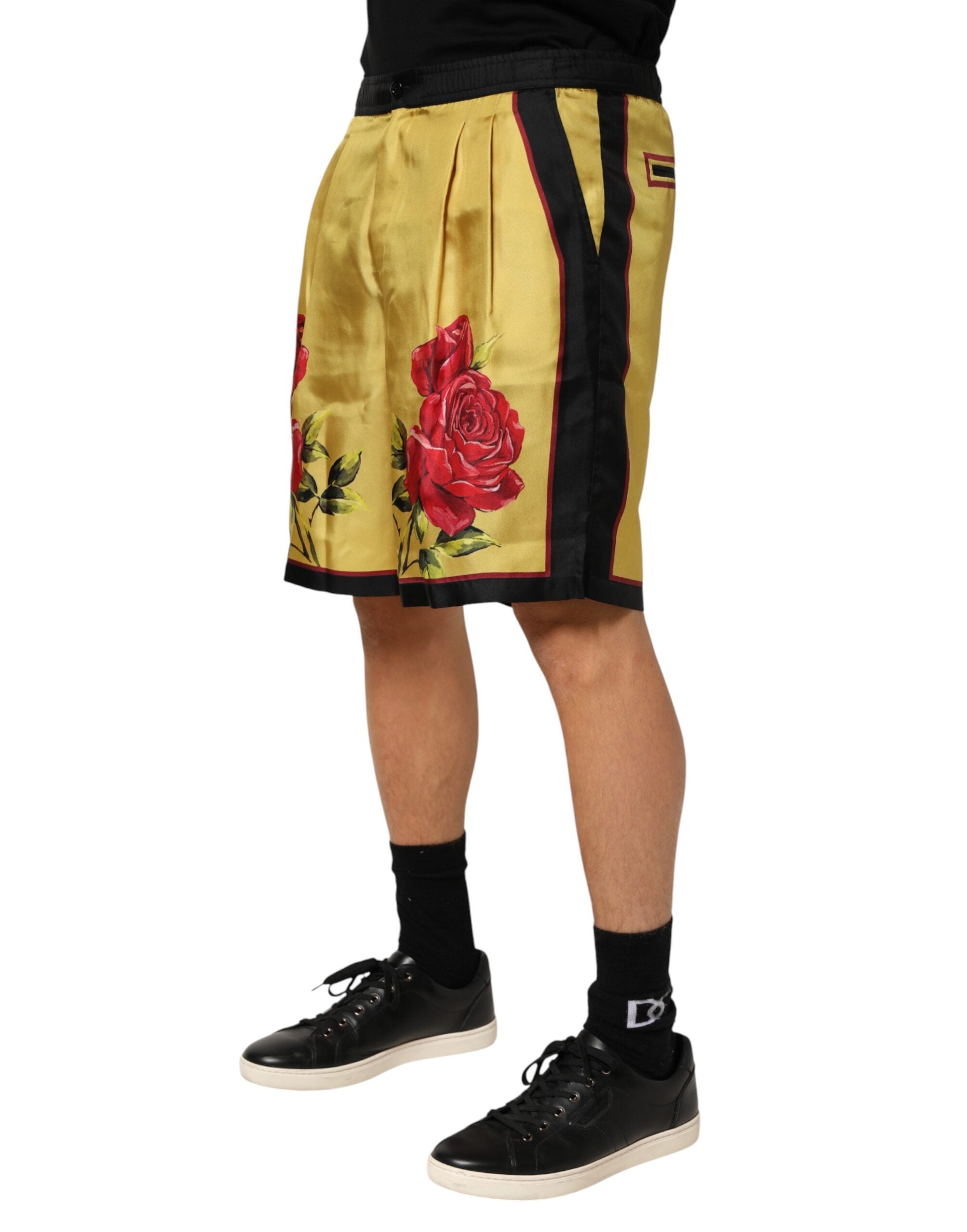 Dolce & Gabbana Yellow Floral Print Silk Men Bermuda Shorts Dolce & Gabbana