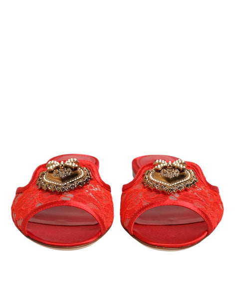 Dolce & Gabbana Red Devotion Lace Flats Slip On Sandals Shoes Dolce & Gabbana