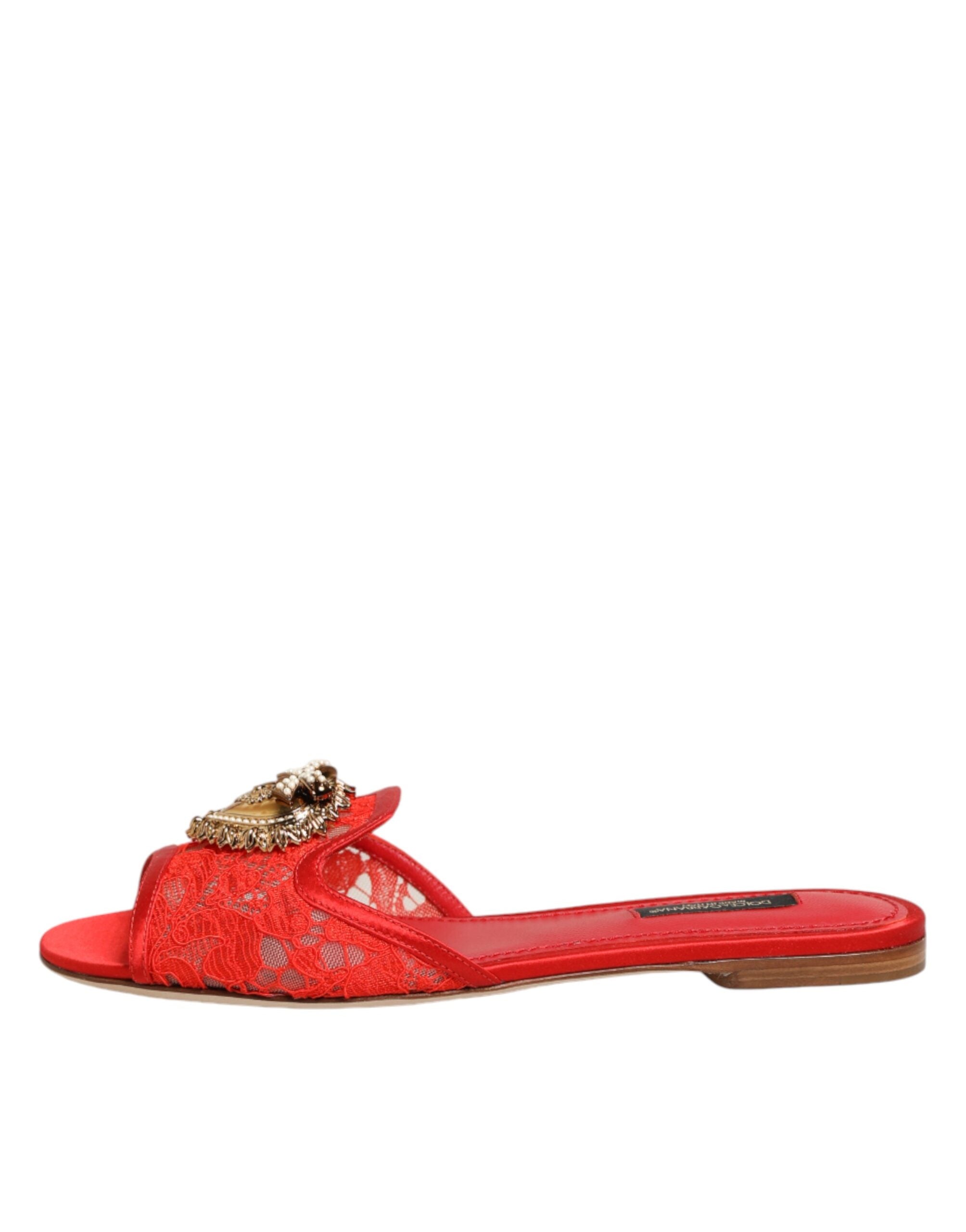 Dolce & Gabbana Red Devotion Lace Flats Slip On Sandals Shoes Dolce & Gabbana