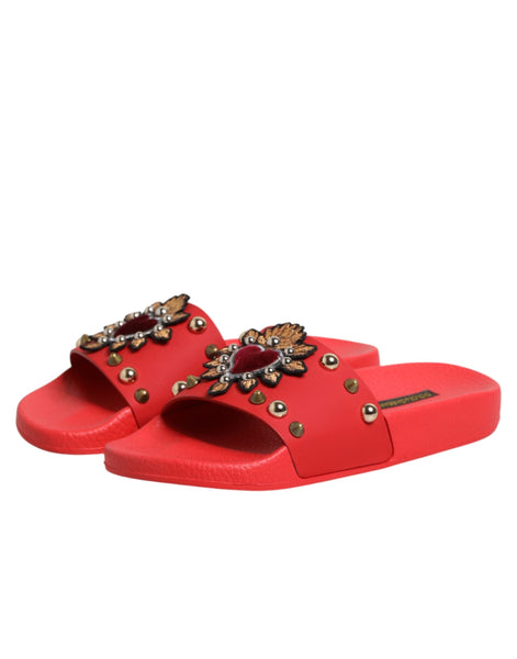 Dolce & Gabbana Red Sacred Heart Stud Slides Beachwear Shoes Dolce & Gabbana