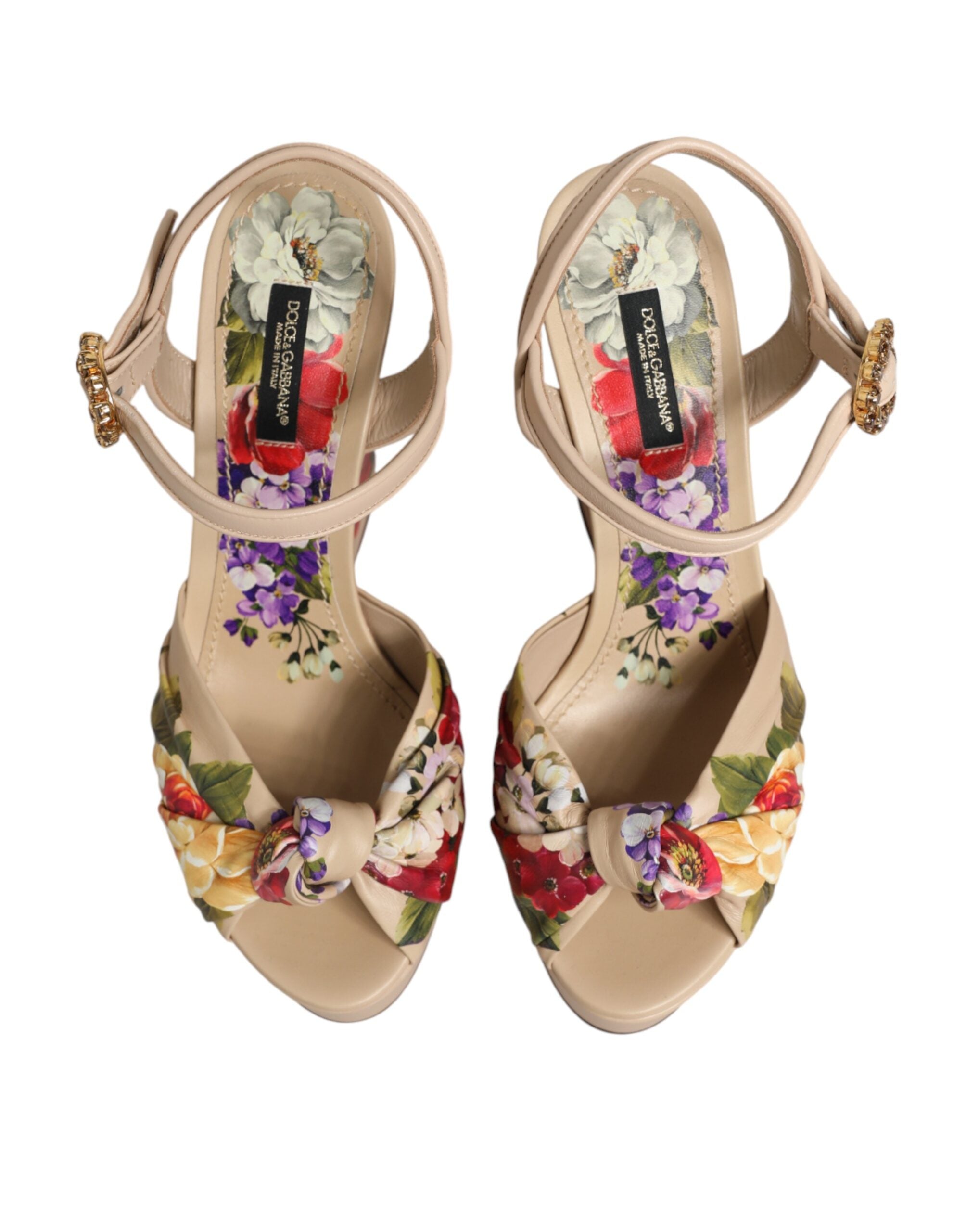 Dolce & Gabbana Beige Floral Ankle Strap Wedge Sandals Shoes Dolce & Gabbana
