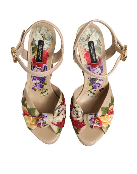 Dolce & Gabbana Beige Floral Ankle Strap Wedge Sandals Shoes Dolce & Gabbana