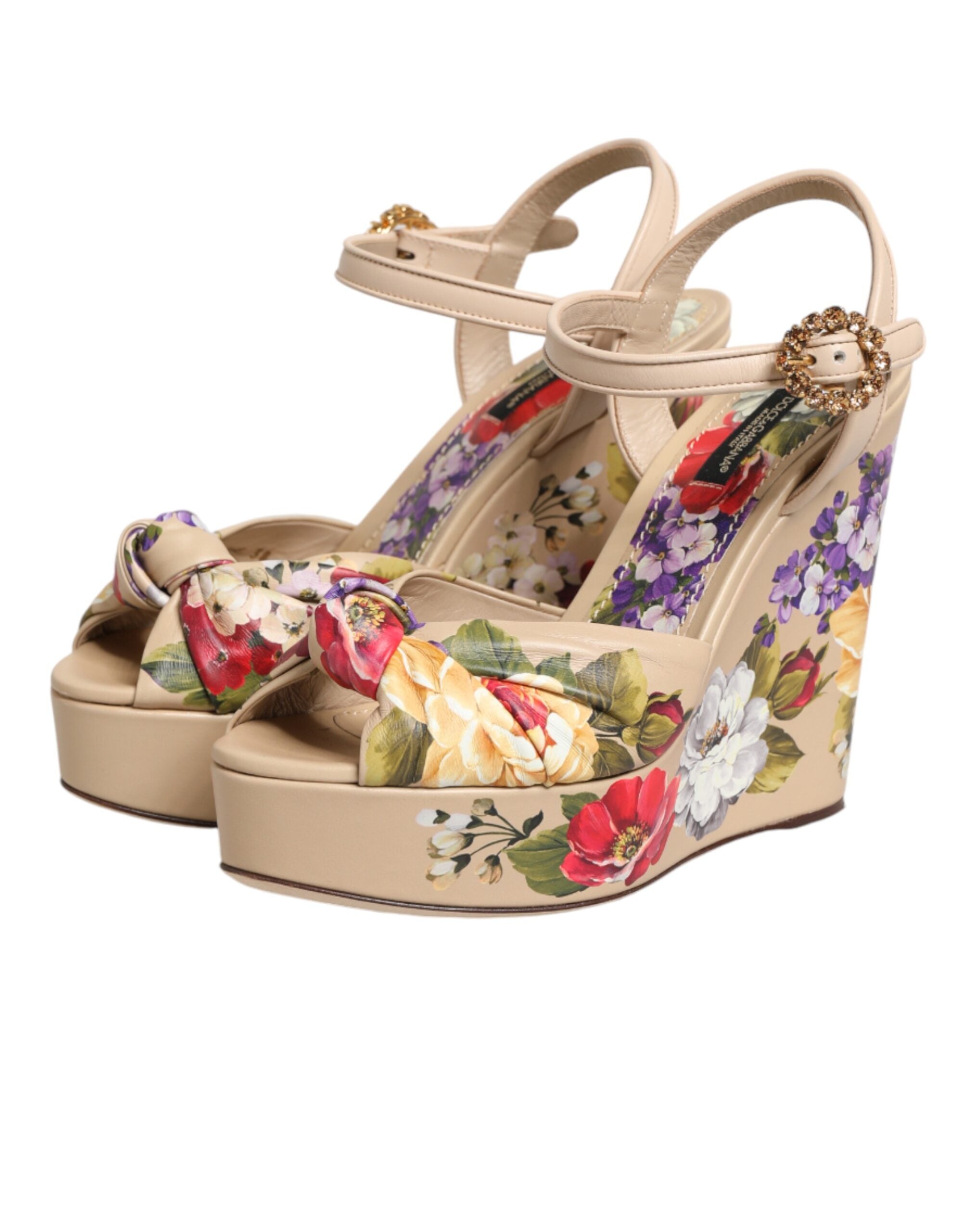 Dolce & Gabbana Beige Floral Ankle Strap Wedge Sandals Shoes Dolce & Gabbana