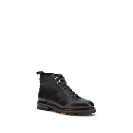 Santoni Black Calf Leather Bos Taurus Lace-Up Boots Santoni