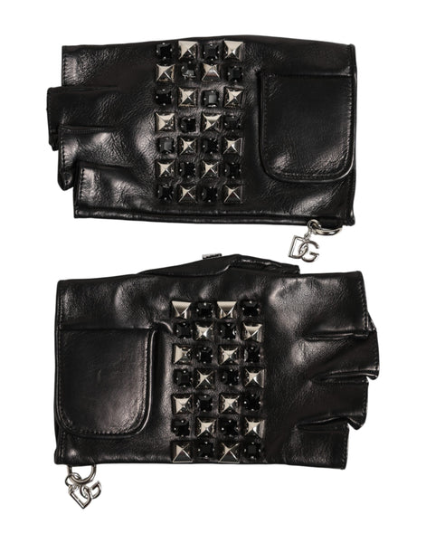 Dolce & Gabbana Black Leather Studded Fingerless Hand Mitten Men Gloves Dolce & Gabbana
