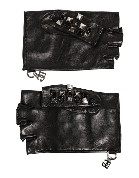Dolce & Gabbana Black Leather Studded Fingerless Hand Mitten Men Gloves Dolce & Gabbana
