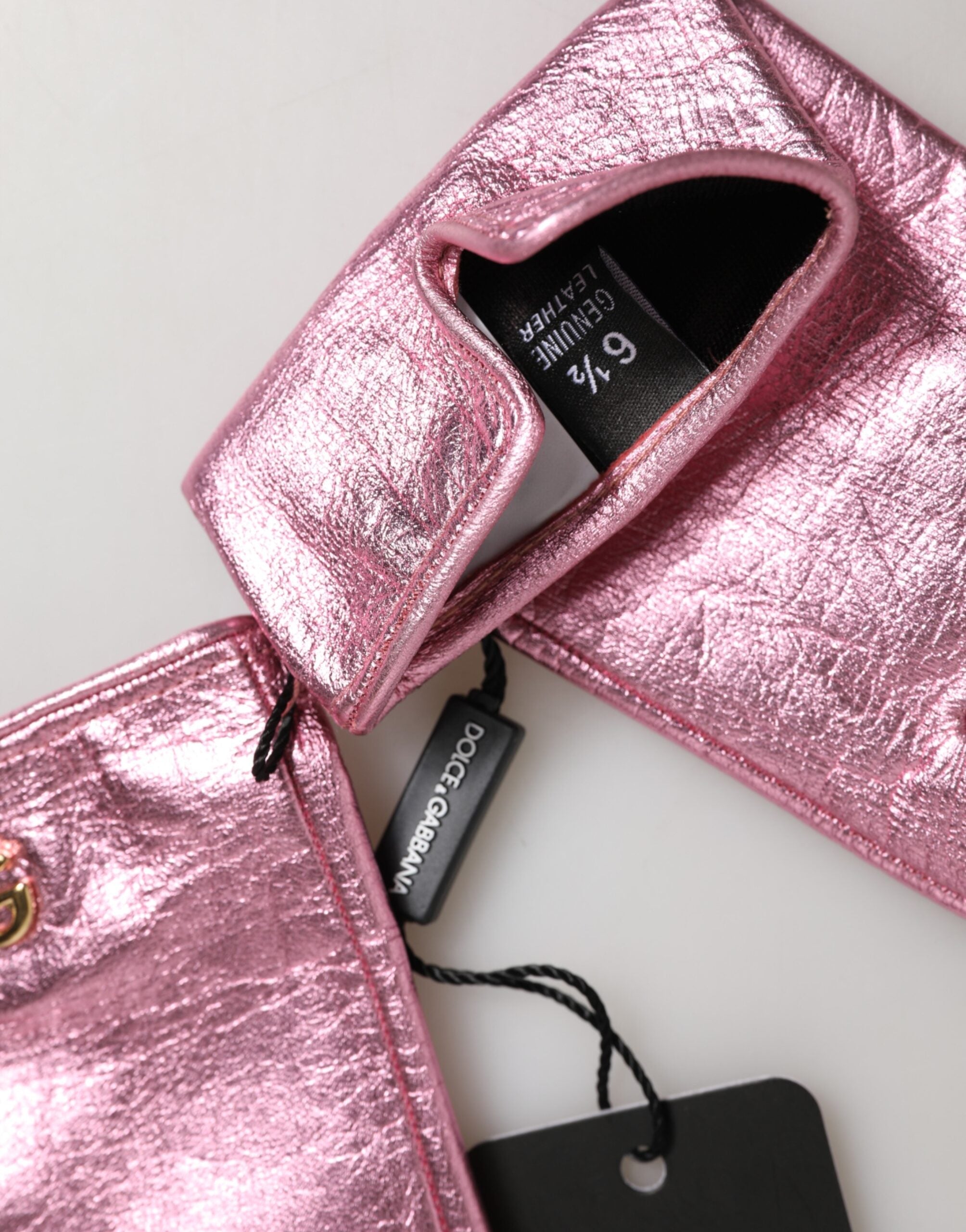 Dolce & Gabbana Pink Leather DG Logo Wrist Length Mitten Gloves Dolce & Gabbana