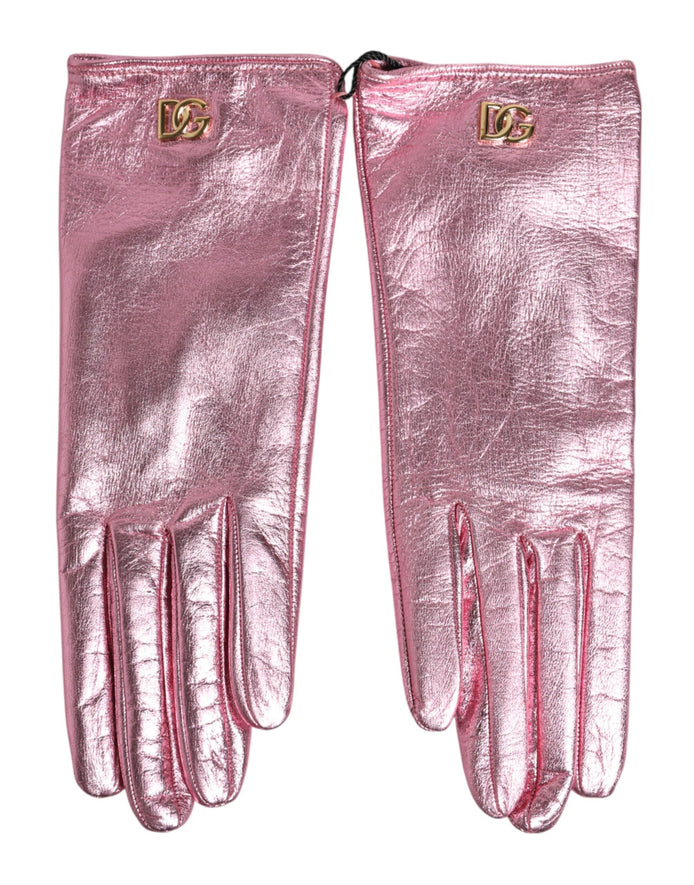 Dolce & Gabbana Pink Leather DG Logo Wrist Length Mitten Gloves Dolce & Gabbana