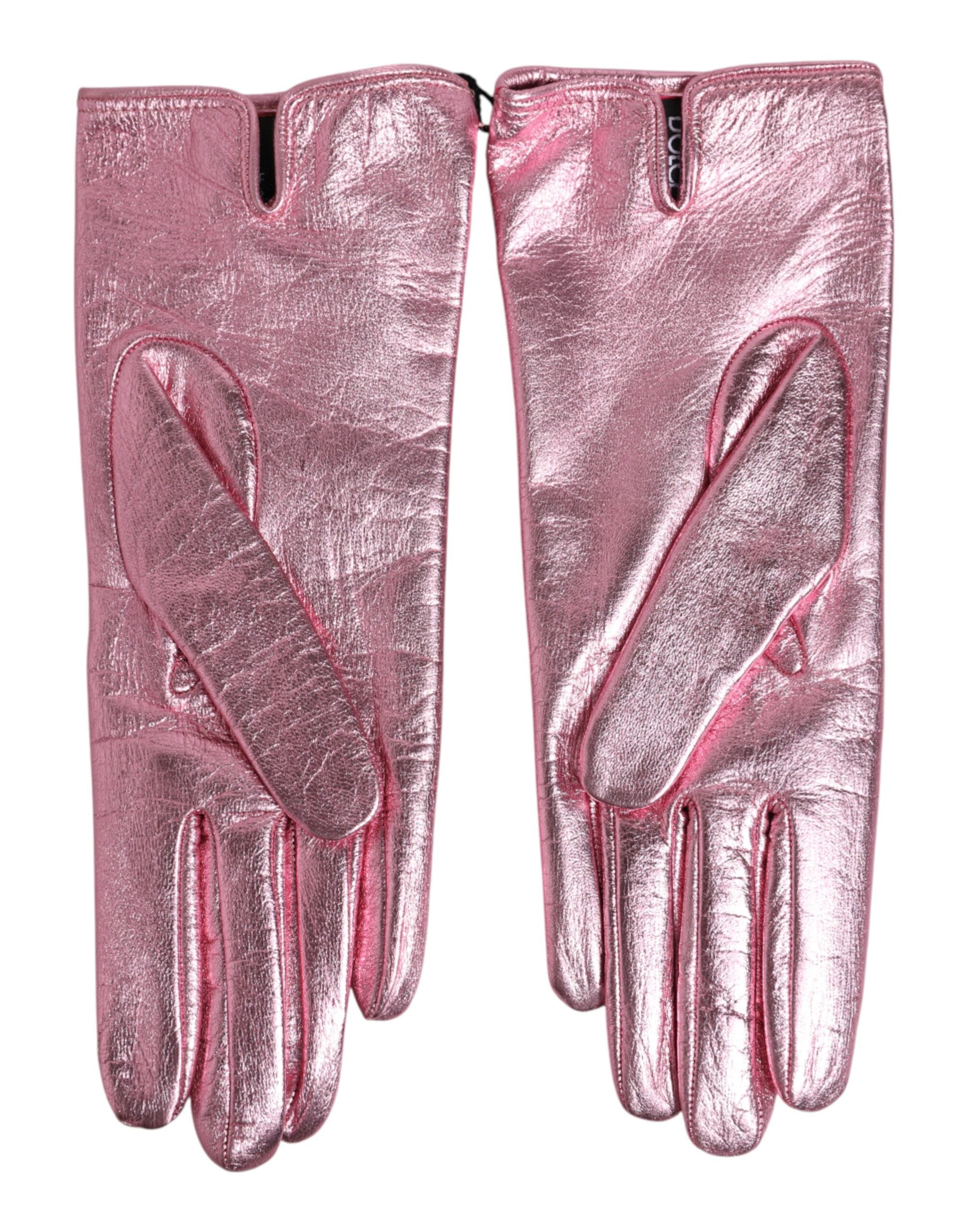 Dolce & Gabbana Pink Leather DG Logo Wrist Length Mitten Gloves Dolce & Gabbana