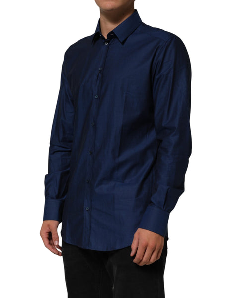 Dolce & Gabbana Blue Cotton Collared Men GOLD Dress Shirt Dolce & Gabbana