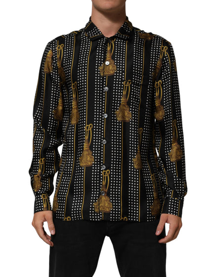Dolce & Gabbana Black Dotted Tassel Silk Button Down Shirt Dolce & Gabbana