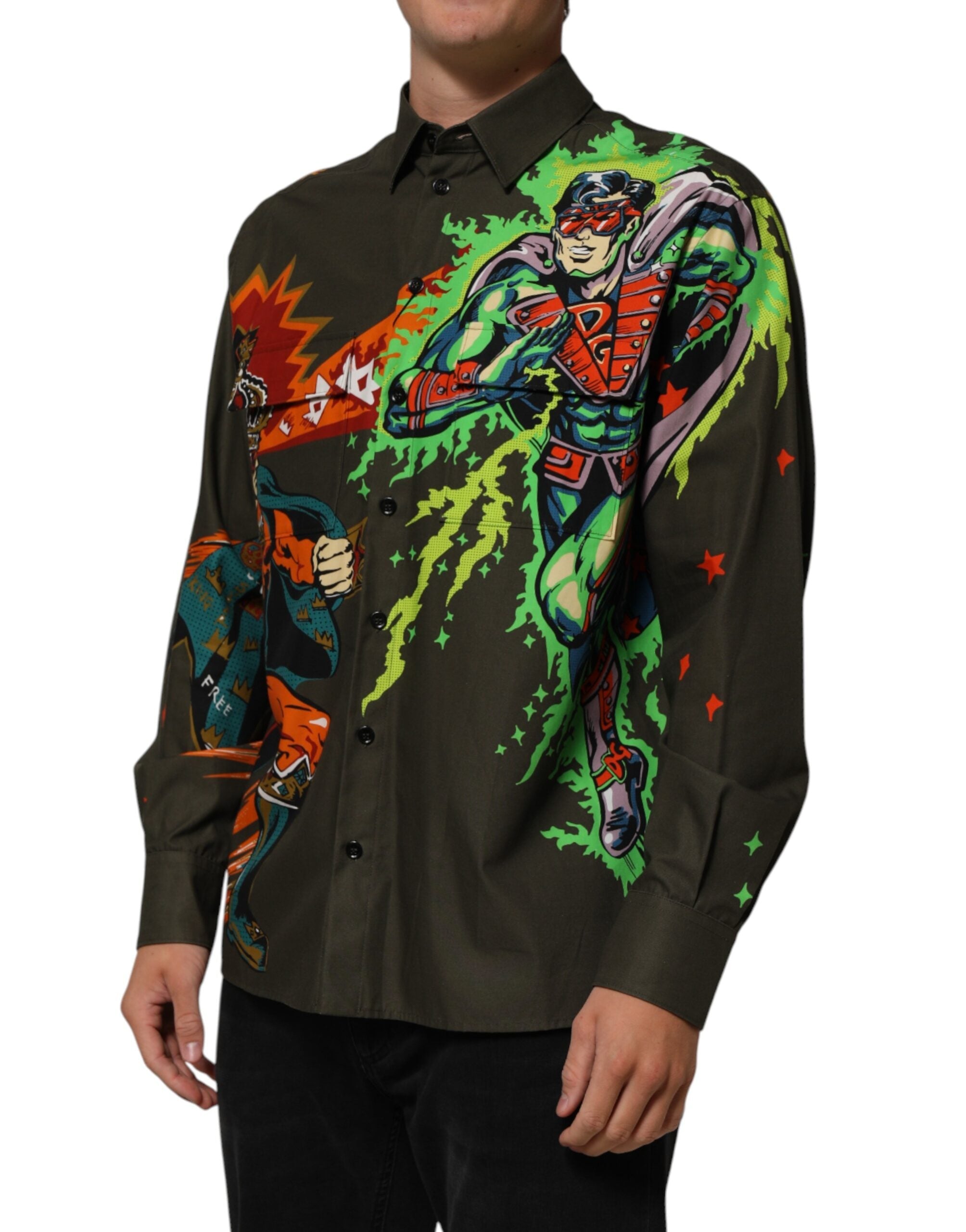 Dolce & Gabbana Brown Superhero Print Button Down Shirt Dolce & Gabbana