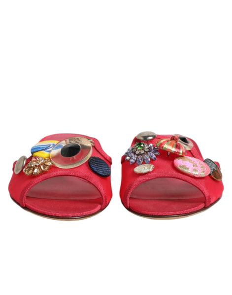 Dolce & Gabbana Red Embellished Flats Slip On Sandals Shoes Dolce & Gabbana