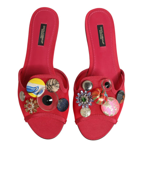 Dolce & Gabbana Red Embellished Flats Slip On Sandals Shoes Dolce & Gabbana